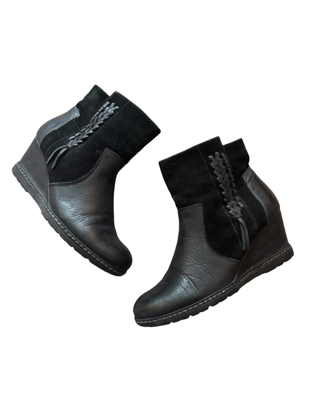 Earth Hilltopper Leather Suede Wedge Ankle Boots woven western boho black 7.5